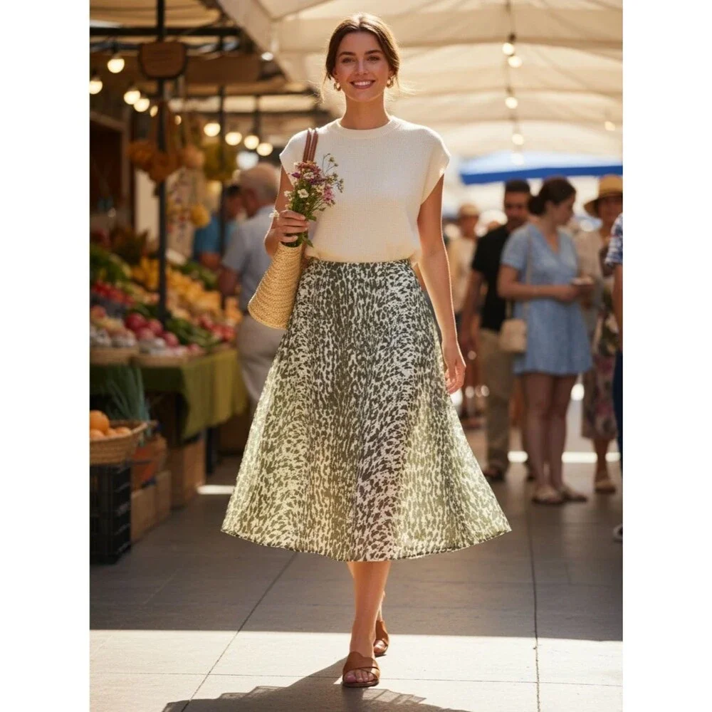J.Crew 100% Silk Animal Print A-Line Skirt Size 8 Olive Green Midi